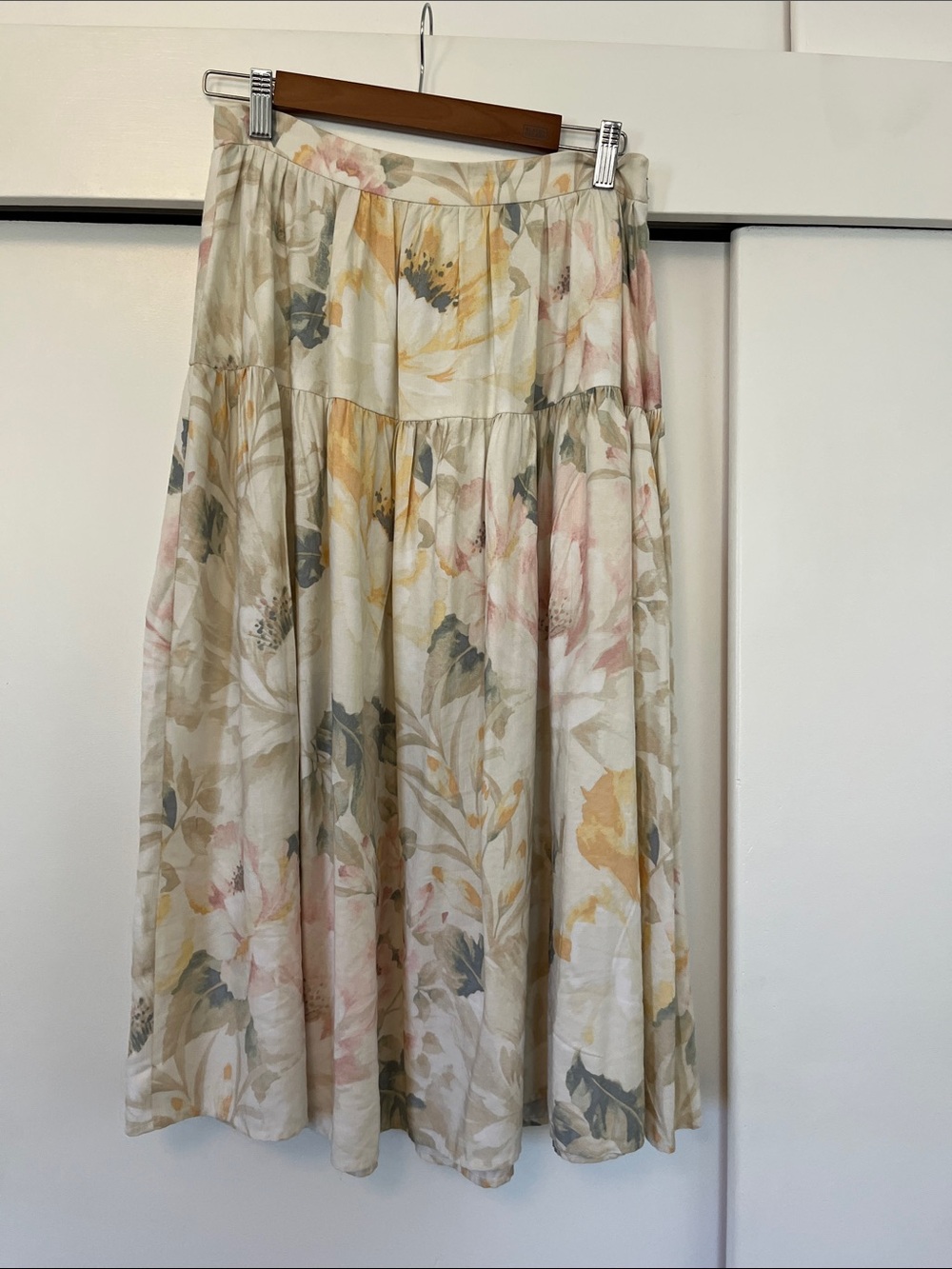 H&M Linen Blend Floral Tiered Midi Skirt in Cream and Pastel Colors